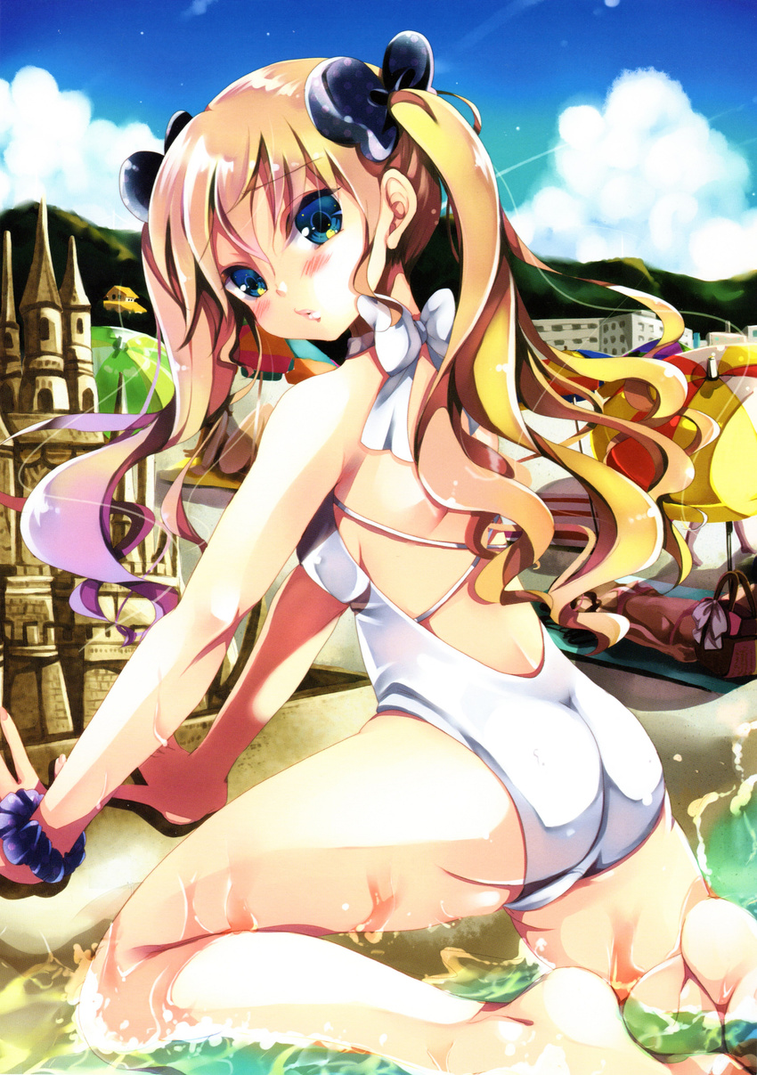 absurdres ass barefoot beach_umbrella blonde_hair blue_eyes blue_sky bow breasts casual_one-piece_swimsuit cloud day gouda_nagi hair_bow highres medium_breasts ocean one-piece_swimsuit outdoors sand_castle sand_sculpture sky solo_focus swimsuit twintails umbrella water white_swimsuit