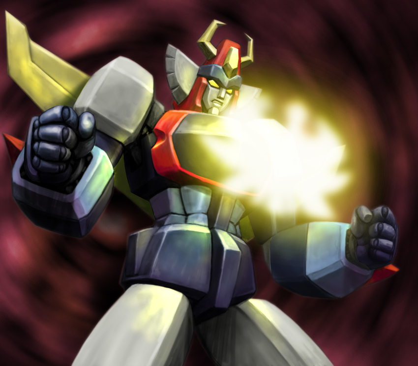 charging clenched_hands cowboy_shot dark_background glowing mecha no_humans solo standing super_robot trider_g7 trider_g7_(robot) yellow_eyes