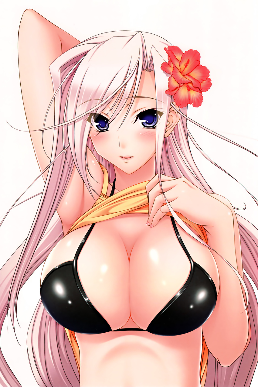 absurdres armpits bikini_top blue_eyes blush breasts charlotte_hazellink cleavage flower hair_flower hair_ornament hibiscus highres komori_kei large_breasts long_hair pink_hair princess_lover shirt_lift solo swimsuit