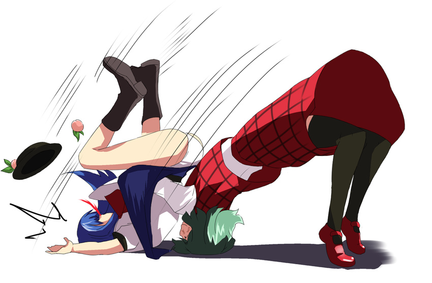 anger_vein bad_id bad_pixiv_id black_legwear blood blue_hair food fruit german_suplex green_hair hat hinanawi_tenshi kazami_yuuka mary_janes multiple_girls nosebleed panties parody peach plaid plaid_skirt plaid_vest reon_(saikyou) shoes short_hair skirt skirt_set suplex thighhighs touhou underwear vest wrestling