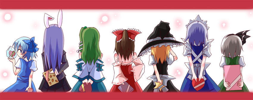 animal_ears bad_id bad_pixiv_id blonde_hair blue_eyes blue_hair bow box brown_hair bunny_ears cirno detached_sleeves from_behind frozen gift green_hair hair_bow hair_ornament hair_ribbon hakurei_reimu hand_on_hip hat heart heart-shaped_box highres izayoi_sakuya kirisame_marisa kochiya_sanae konpaku_youmu kuraryu letterboxed light_particles long_hair looking_at_viewer looking_back maid_headdress multiple_girls object_behind_back ponytail puffy_short_sleeves puffy_sleeves purple_hair reisen_udongein_inaba ribbon short_hair short_sleeves side_ponytail silver_hair simple_background skirt skirt_set snake_hair_ornament star suit_jacket touhou valentine white_background witch_hat