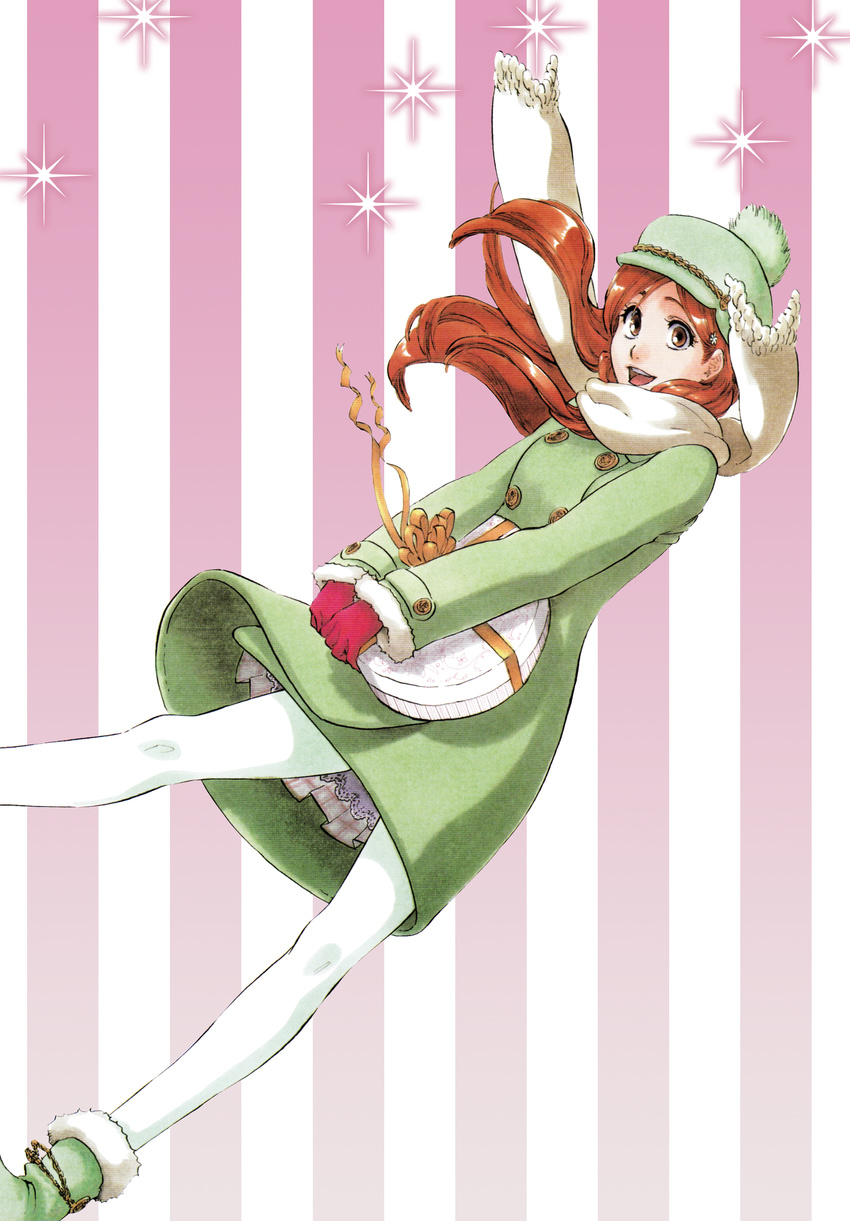 absurdres bleach brown_eyes coat dress gift gloves hat highres holding holding_gift inoue_orihime kubo_taito long_hair official_art orange_hair pantyhose scarf smile white_legwear winter_clothes
