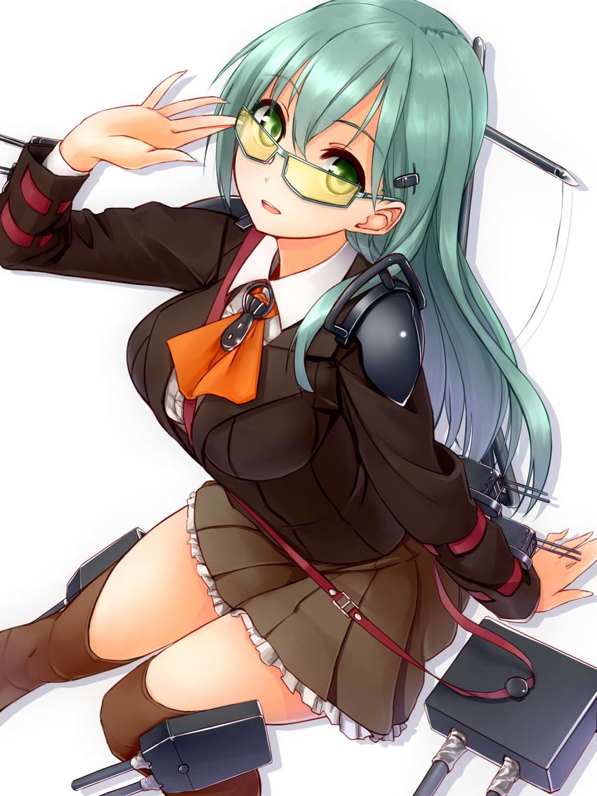 agarwood aqua_hair blush breasts brown_legwear glasses green_eyes hair_ornament hairclip highres kantai_collection large_breasts long_hair looking_at_viewer mecha_musume open_mouth simple_background skirt smile solo suzuya_(kantai_collection) thighhighs white_background zettai_ryouiki