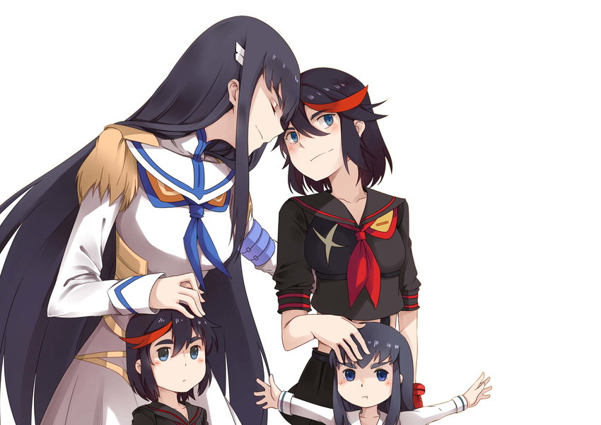 :t absurdres black_eyes black_hair blush closed_eyes epaulettes highres if_they_mated incest ips_cells junketsu kill_la_kill kiryuuin_satsuki long_hair matoi_ryuuko midriff mother_and_daughter multicolored_hair multiple_girls outstretched_arms pout red_hair school_uniform senketsu serafuku short_hair siblings sidelocks simple_background sisters skirt smile two-tone_hair yorukun yuri