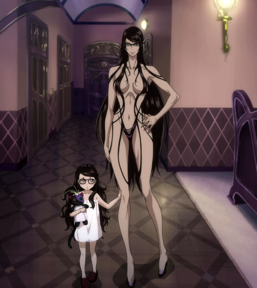 2girls bayonetta bayonetta:_bloody_fate bayonetta_(character) black_hair breasts cereza child dual_persona glasses hand_on_hip highres long_hair long_legs multiple_girls screencap smile standing stitched very_long_hair