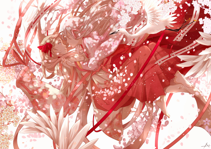 bird blonde_hair cherry_blossoms closed_eyes crane_(animal) flower highres holding_hands interlocked_fingers japanese_clothes long_hair looking_at_another md5_mismatch miko multiple_girls nanahara_shie original petals smile white_hair