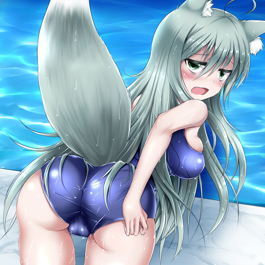 adjusting_clothes adjusting_swimsuit ahoge animal_ears ass bags_under_eyes blush breasts concon-collector fox_ears fox_tail green_eyes highres large_breasts long_hair looking_at_viewer looking_back one-piece_swimsuit open_mouth original pool school_swimsuit shimo_(depthbomb) shiny shiny_clothes silver_hair solo swimsuit tail water wet wet_clothes wet_swimsuit