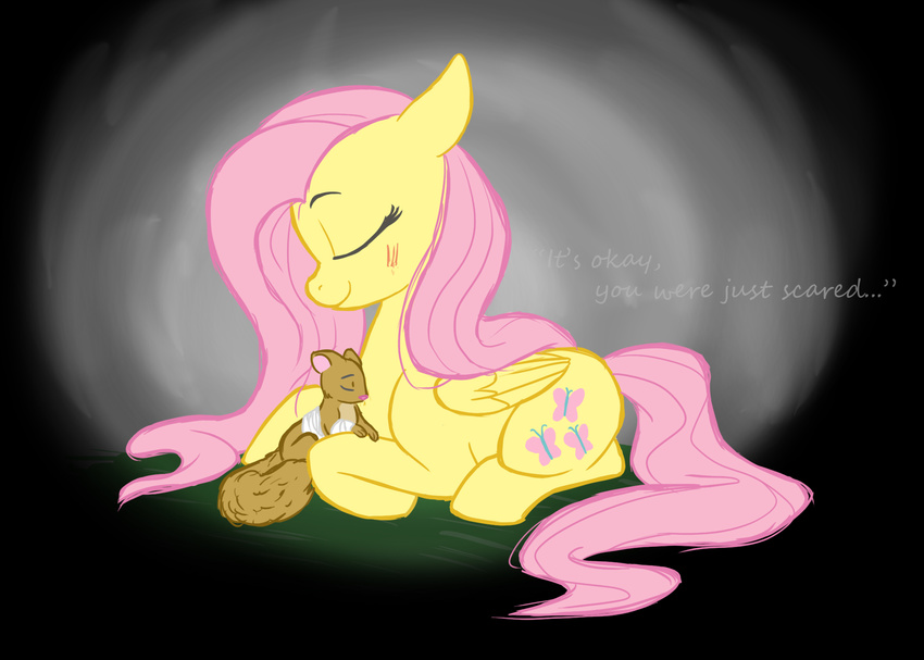 brown_fur cutie_mark english_text equine eyes_closed female fluttershy_(mlp) friendship_is_magic fur hair horse horse_tail long_hair mammal my_little_pony pegasus pink_hair pony rodent rustedrabbit smile squirrel tails text wings yellow_fur