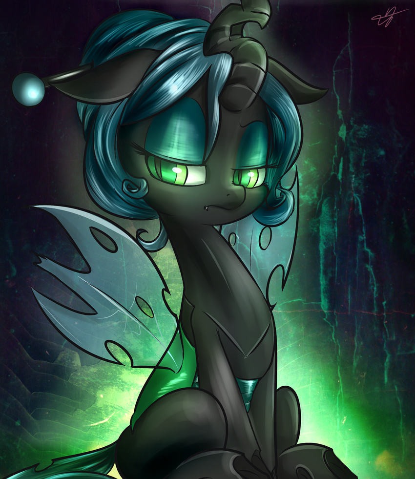 absurd_res changeling female feral friendship_is_magic green_eyes green_hair hair half-closed_eyes hi_res horn kyodashiro looking_at_viewer my_little_pony queen_chrysalis_(mlp) signature sitting slit_pupils solo wings