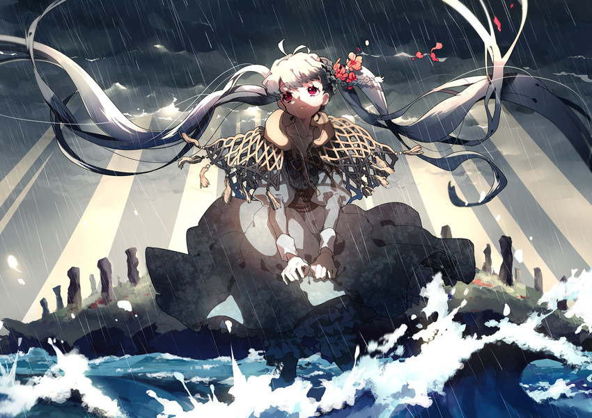 braid collarbone dress evemace flower grey_dress grey_hair grey_sky hair_flower hair_ornament light_rays original outdoors rain red_eyes solo storm tassel twintails waves