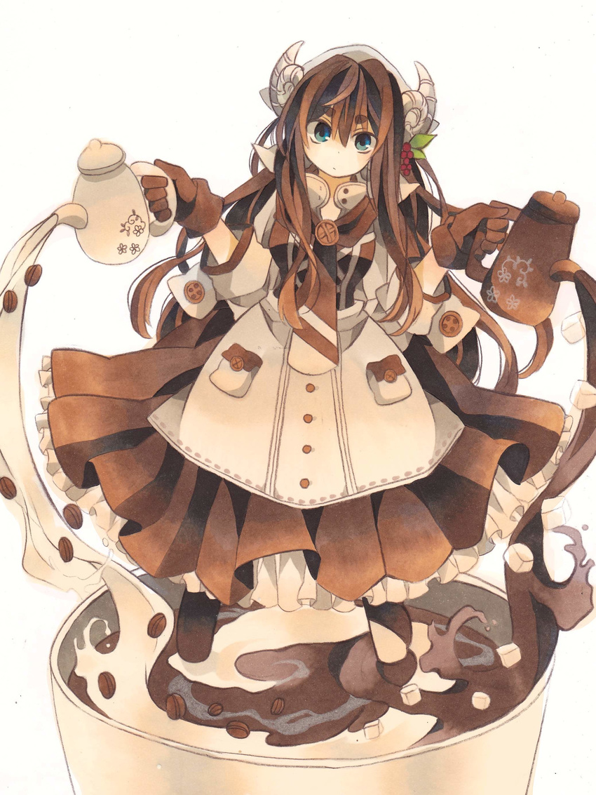 absurdres blue_eyes brown_hair chocolate cup dress eyebrows gloves highres horns long_hair milk original short_eyebrows solo teacup teapot umezakura