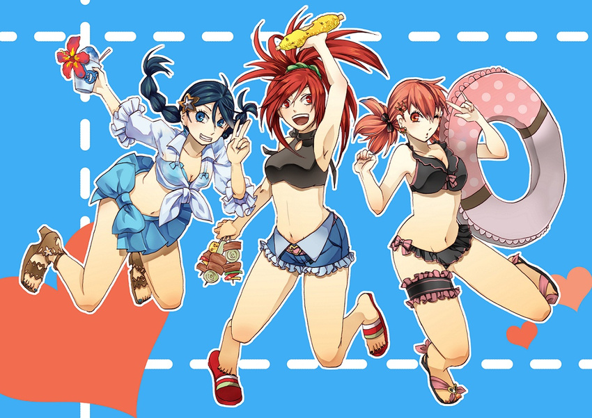 \m/ akane_(pokemon) armpits asuna_(pokemon) bikini black_hair blue_eyes bow braid breasts cleavage corn earrings flip-flops flower food frilled_bikini frills front-tie_top garters grin gym_leader hair_ornament hairclip hibiscus innertube jewelry jumping kebab large_breasts meat midriff miniskirt multiple_girls navel open_mouth pink_eyes pink_hair pokemon pokemon_(game) pokemon_dppt pokemon_hgss pokemon_rse ponytail red_eyes red_hair sandals scrunchie shaved_ice shirt skirt smile suzuna_(pokemon) swimsuit tankini teasage tied_shirt toenail_polish toes twin_braids twintails v