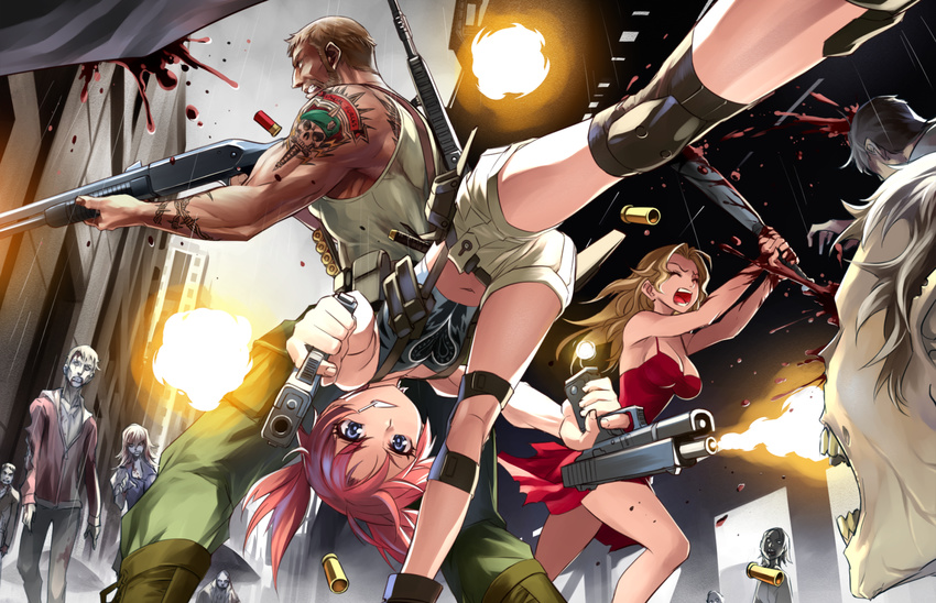 2girls action baseball_bat battle blonde_hair blood blue_eyes casing_ejection city clenched_teeth dress dual_wielding firing glock gun handgun highres holding knee_pads kneepits kriss_sison midriff mouth_hold multiple_girls muzzle_flash navel original pistol racking_slide red_dress red_hair shell_casing shorts shotgun tattoo teeth upside-down weapon zombie