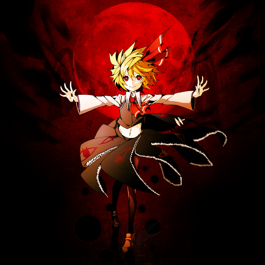 adapted_costume arikanrobo black_skirt blonde_hair full_body highres long_skirt looking_at_viewer moon necktie outstretched_arms red_eyes red_moon red_neckwear rumia shirt short_hair skirt solo spiked_hair touhou vest walking white_shirt