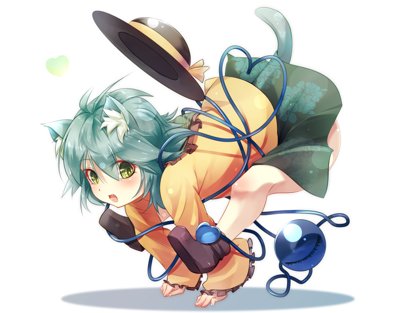 animal_ears aqua_hair catgirl fang gorilla_(bun0615) green_eyes hat komeiji_koishi nopan short_hair skirt tail touhou