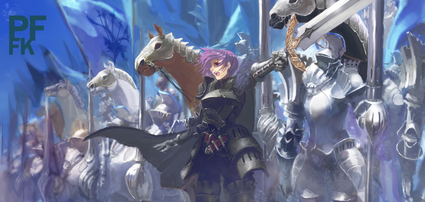 animal armor horse pixiv_fantasia purple_hair spear sword virus weapon