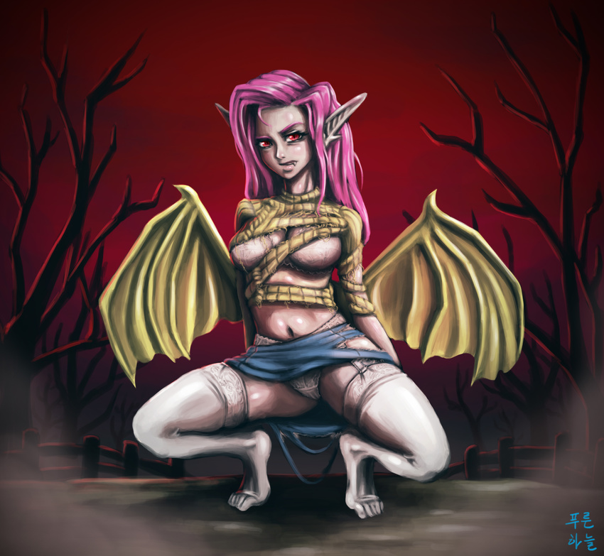 fangs female flutterbat_(mlp) fluttershy_(mlp) friendship_is_magic hair human humanized looking_at_viewer mammal mrs1989 my_little_pony navel pink_hair red_eyes skirt solo sweater tree underwear vampire wings