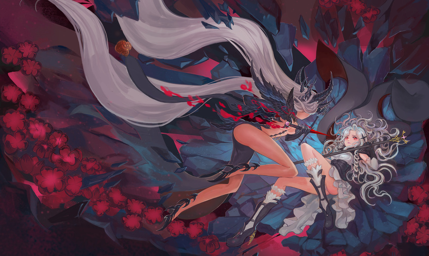 2girls boots breasts cleavage dress elbow_gloves flowers gray_hair horns long_hair original panties quaanqin red_eyes staff sword underboob underwear weapon white_hair