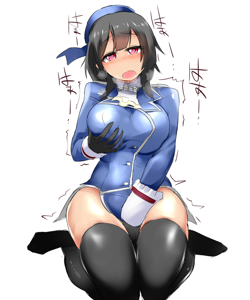 black_hair black_legwear breasts clothed_masturbation highres kantai_collection large_breasts masturbation mizuyan open_mouth pink_eyes seiza self_fondle short_hair simple_background sitting solo takao_(kantai_collection) thighhighs translated white_background