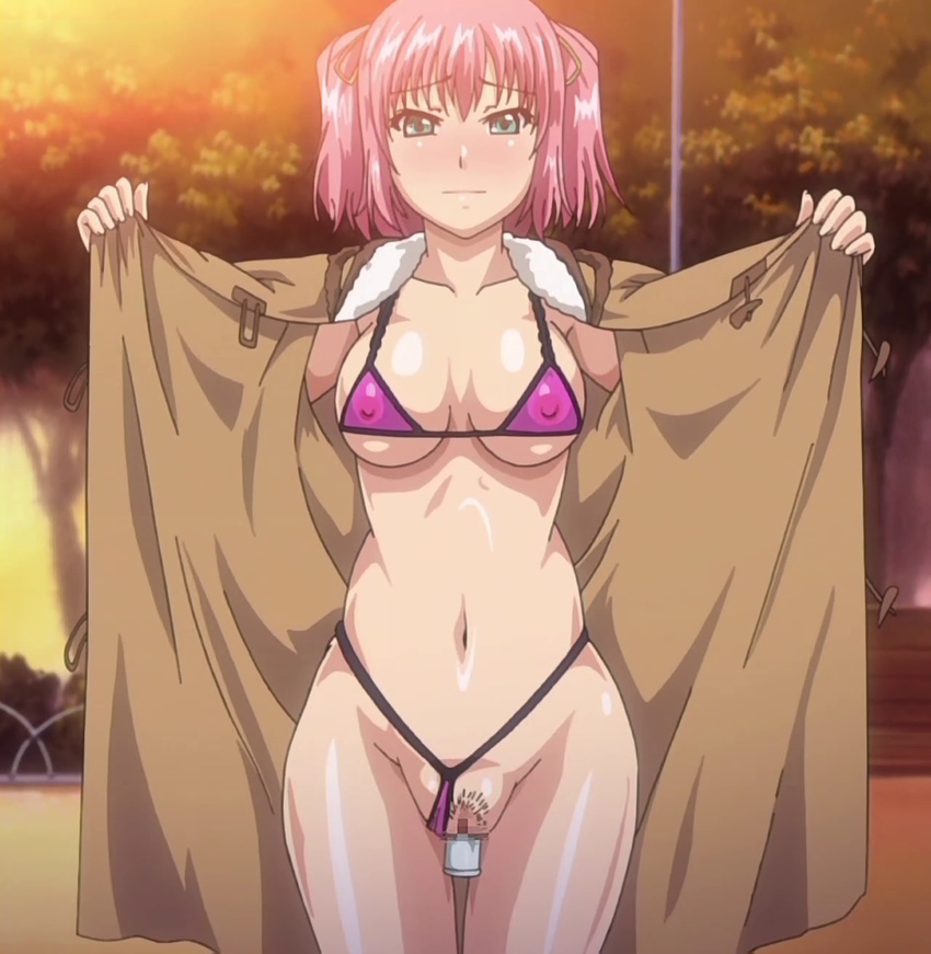 bikini_aside blush breasts censored coat curvy erect_nipple erect_nipples exhibitionism flashing green_eyes highleg highleg_panties micro_bikini mizugi_kanojo navel open_clothes open_coat outdoors pink_hair pubic_hair public public_vibrator shiori swimsuit thigh_gap trench_coat trenchcoat twintails vibrator