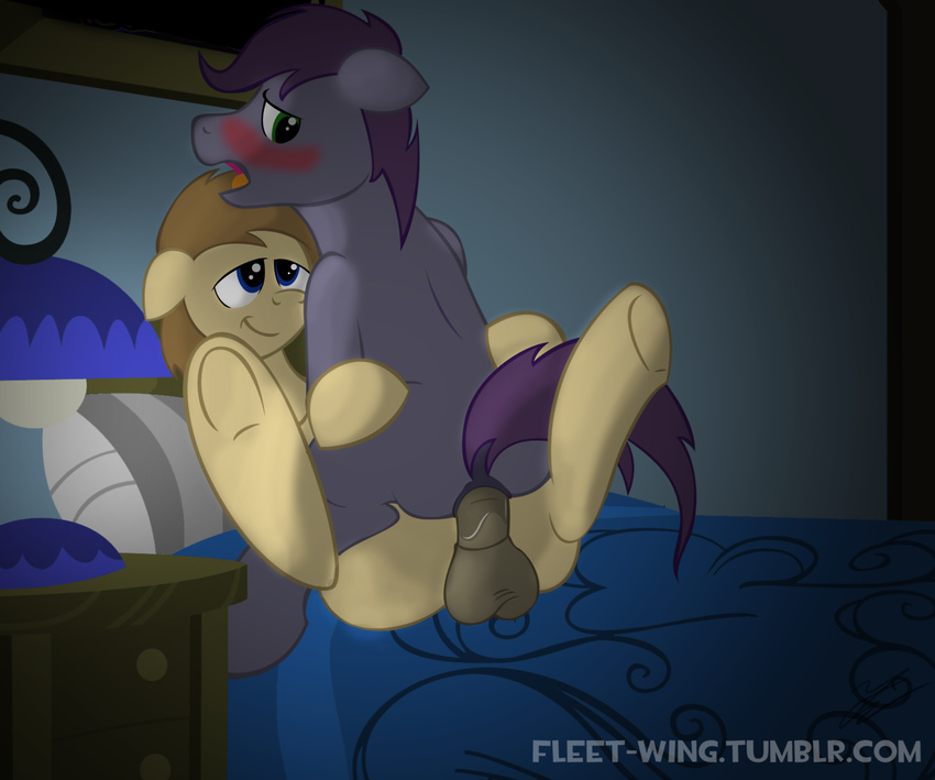 blue_eyes blush butt cowgirl_position duo equine fleet_wing fleet_wing_(fursona) gay green_eyes horse legs_up lube lying male mammal missionary_position my_little_pony on_back on_top penis sex sex_on_bed straddling tongue