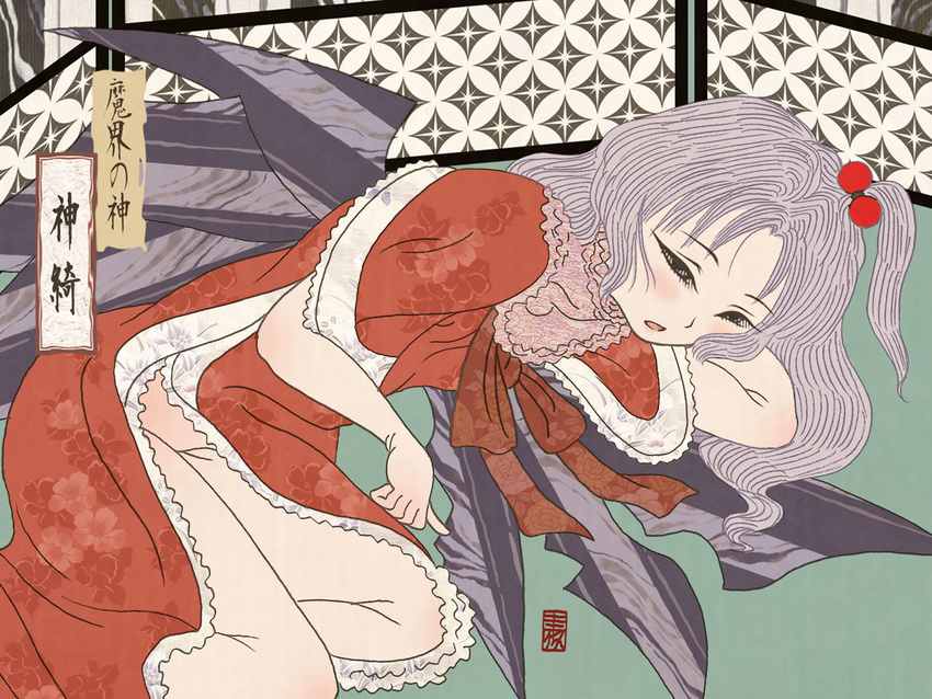 fine_art_parody hair_bobbles hair_ornament kurorichin long_hair nihonga parody robe shinki shippou_(pattern) side_ponytail silver_hair solo touhou touhou_(pc-98) translated ukiyo-e wings