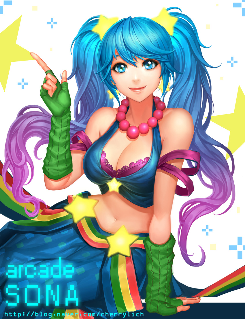 absurdres arcade_sona bare_shoulders blue_eyes blue_hair bra bra_peek breasts character_name cleavage daeho_cha earrings fingerless_gloves gloves gradient_hair green_gloves highres jewelry lace lace-trimmed_bra large_breasts league_of_legends long_hair looking_at_viewer multicolored_hair navel purple_bra purple_hair smile solo sona_buvelle star twintails underwear watermark web_address