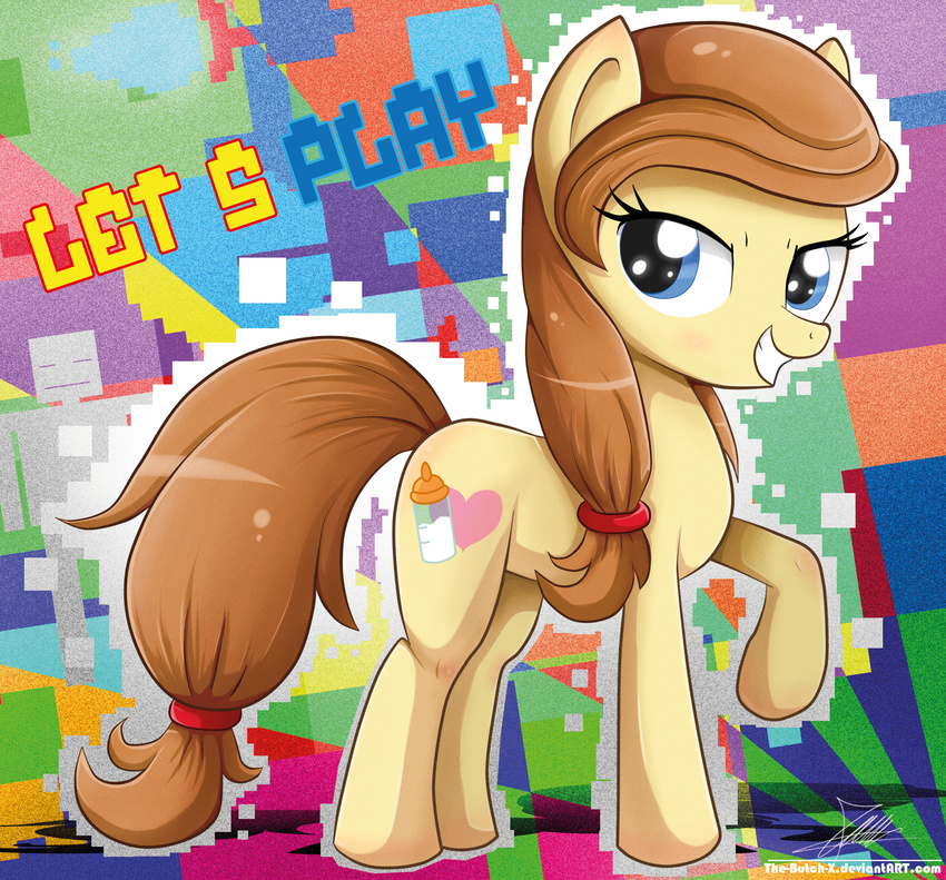 8-bit blue_eyes brown_hair button's_mom button's_mom cutie_mark english_text equine female friendship_is_magic hair horse looking_at_viewer mammal my_little_pony pony smile solo standing text the-butch-x