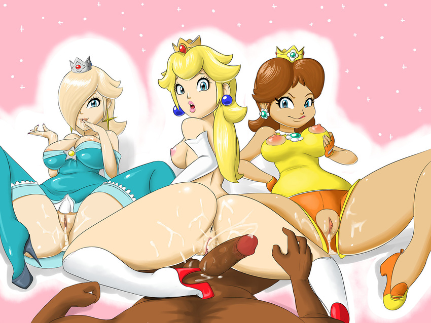 3girls aftersex anus ass big_breasts blonde_hair blue_eyes breasts brown_hair clothing crown cum cum_in_pussy dark_skin female gradient gradient_background gray_impact greyimpaction hair human interracial long_hair looking_at_viewer mario_bros multiple_girls nintendo nipples penis pov princess_daisy princess_peach princess_rosalina pussy rosetta_(mario) sex super_mario_bros. super_mario_galaxy super_mario_land torn_clothing uncensored video_games