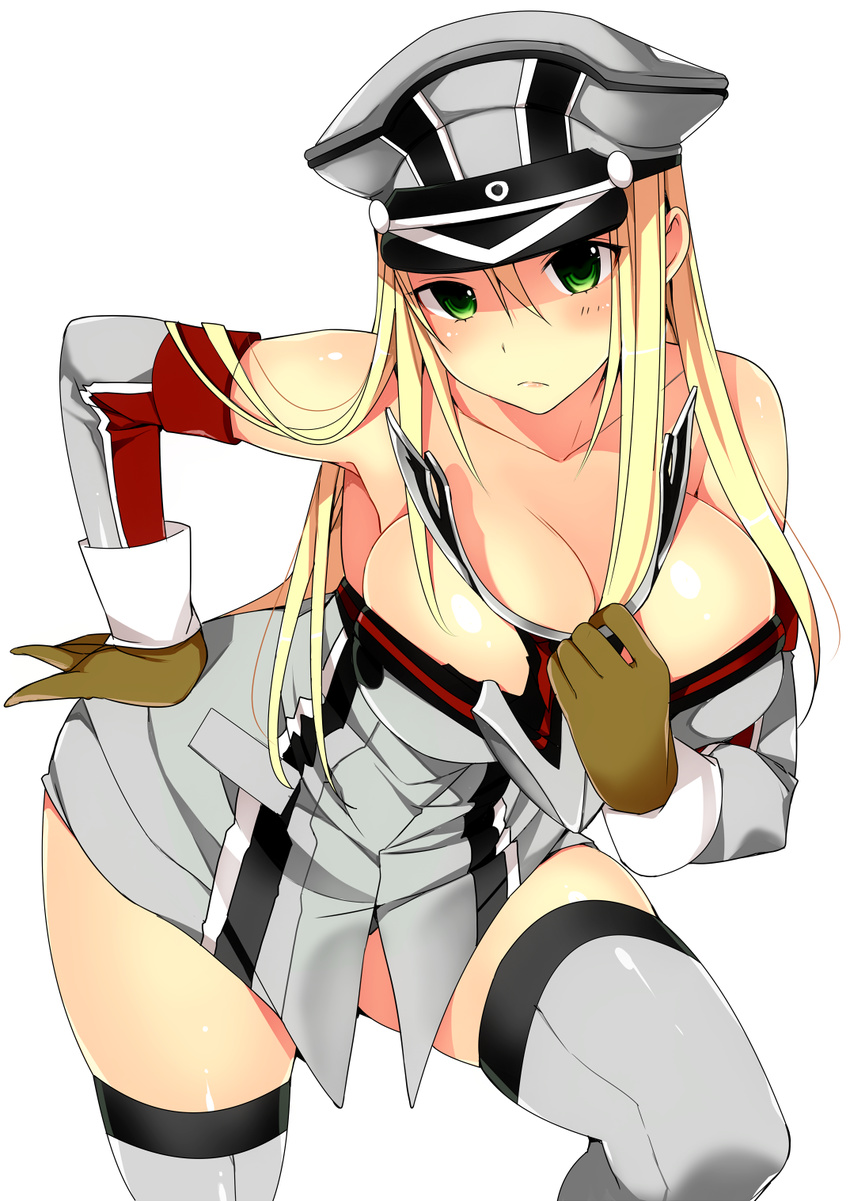 bismarck_(kantai_collection) blonde_hair breasts gloves green_eyes grey_legwear hand_on_hip hat highres irie_jun kantai_collection large_breasts long_hair looking_at_viewer simple_background solo thighhighs thighs