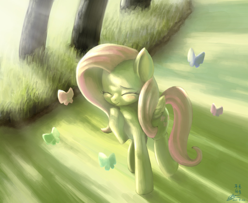 blush butterfly cutie_mark equine eyes_closed female fluttershy_(mlp) friendship_is_magic fur grass hair horse insect long_hair mammal mrs1989 my_little_pony outside pegasus pink_hair pony solo wings yellow_fur