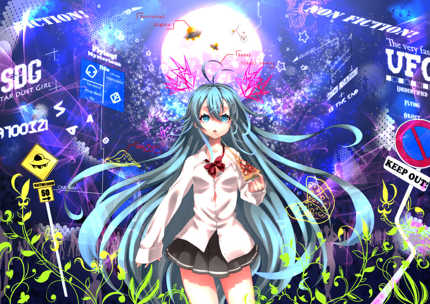 akiichi_2 aqua_hair bicycle blue_eyes denpa_onna_to_seishun_otoko directional_arrow dress_shirt english engrish food full_moon ground_vehicle holding holding_pizza long_hair moon neck_ribbon number open_mouth pizza pleated_skirt ranguage ribbon road_sign shirt sign silhouette skirt sleeves_past_wrists solo standing touwa_erio triangle_mouth ufo very_long_hair white_shirt