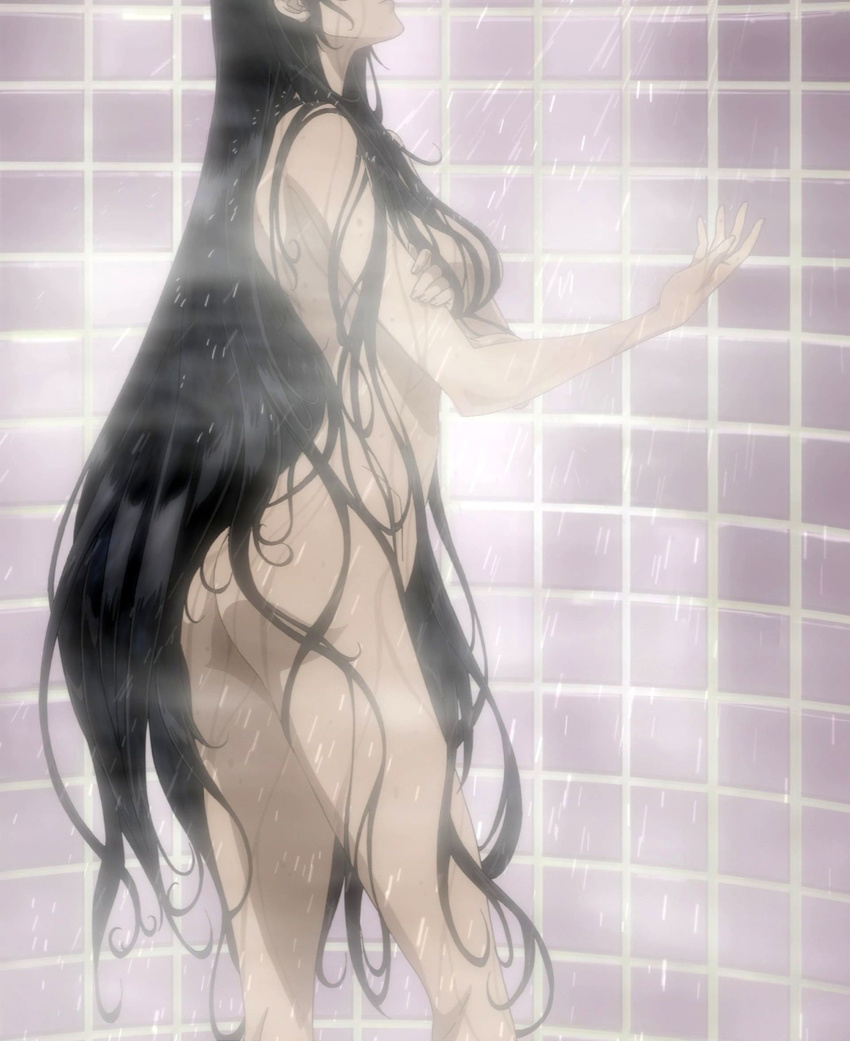 1girl ass bathroom bayonetta bayonetta:_bloody_fate bayonetta_(character) black_hair breasts highres long_hair nude screencap shower solo standing stitched very_long_hair
