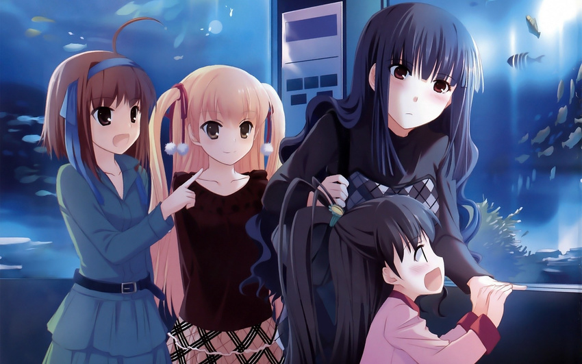 4girls age_difference ahoge aquarium argyle arm_support bag bangs belt black_hair blonde_hair blue_hair blue_shirt blush brown_eyes brown_hair brown_shirt casual child collarbone dress female fish hair_between_eyes hair_ornament hair_ribbon hairband hands happy highres indoors long_hair long_image long_sleeves looking_at_another looking_at_viewer looking_away looking_up multiple_girls nakajima_yuka oda_raika official_art open_mouth papa_no_iu_koto_wo_kikinasai! pink_shirt plaid plaid_skirt pointing ponytail profile red_eyes ribbon shirt short_hair siblings sign sisters skirt smile standing takanashi_hina takanashi_miu takanashi_sora two_side_up wallpaper watching wide_image yellow_eyes