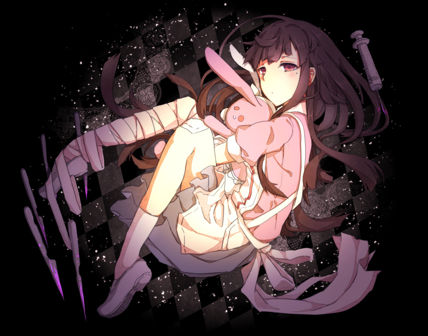 apron bandaged_arm bandaged_leg bandages bandaid bandaid_on_knee bangs blunt_bangs blush brown_eyes brown_hair danganronpa gensou_aporo long_hair mole mole_under_eye pink_blood pink_shirt puffy_short_sleeves puffy_sleeves scalpel shirt shoes short_sleeves skirt socks solo super_danganronpa_2 syringe tsumiki_mikan white_apron