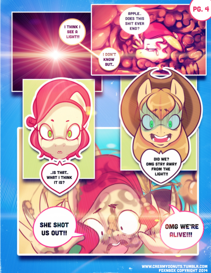 anthro anthrofied applejack_(mlp) blonde_hair cherry_jubilee_(mlp) cowboy_hat creamydonuts dialog english_text equine feces female friendship_is_magic fur green_eyes hair hat hi_res horse mammal my_little_pony orange_fur pony scat text vorarephilia vore