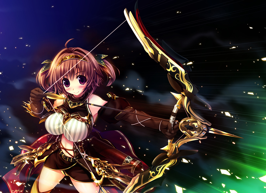aiming arrow bow_(weapon) breasts drawing_bow elbow_gloves gloves halter_top halterneck highres holding holding_arrow holding_bow_(weapon) holding_weapon large_breasts oshiki_hitoshi outstretched_arm panties pink_eyes pink_hair quiver sakigake_generation! shikishima_natsume skirt solo two_side_up underwear weapon yellow_panties