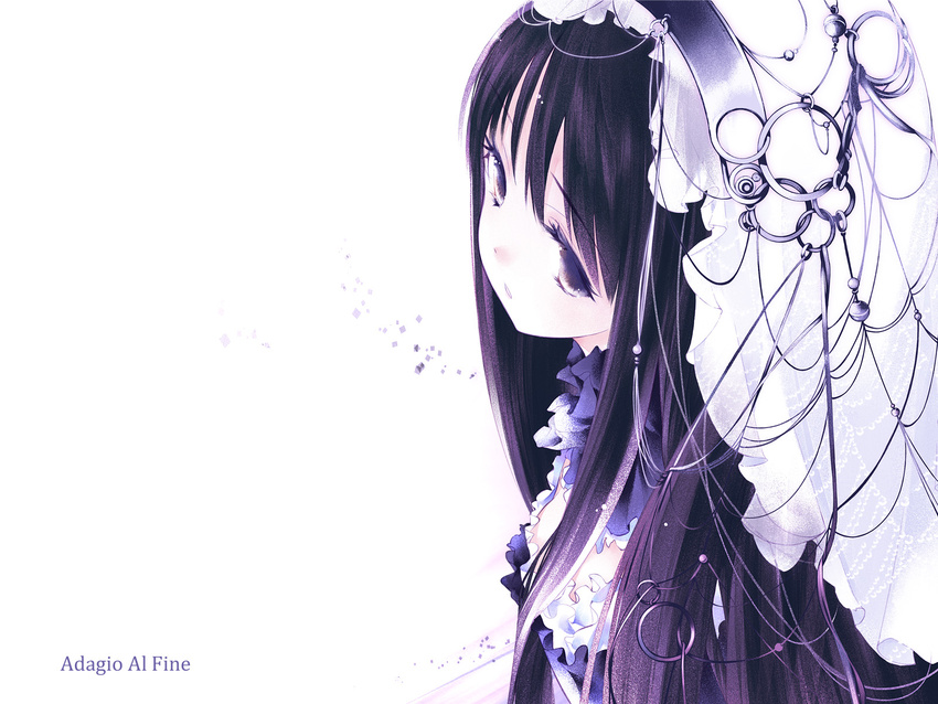 black_dress dress from_side headdress highres italian long_hair looking_to_the_side purple_eyes purple_hair simple_background solo sumi_keiichi upper_body veil very_long_hair white_background