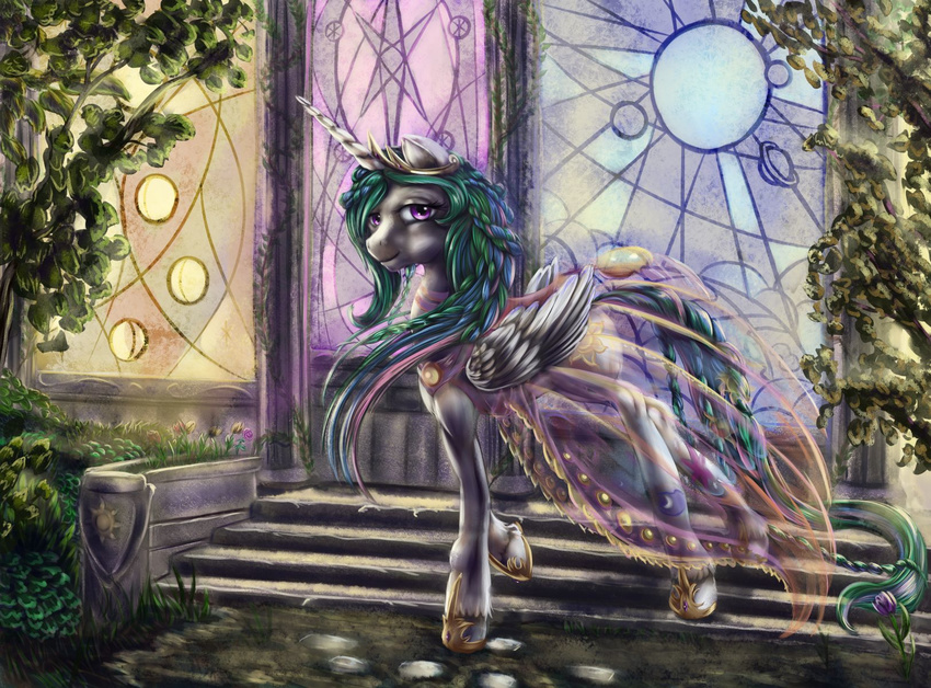 braided_hair clothing column crown cutie_mark dress equine female flower foliage friendship_is_magic fur glass gold hair horn horse looking_at_viewer mammal multi-colored_hair my_little_pony necklace plant pony princess_celestia_(mlp) purple_eyes solo stained_glass stairs stirs translucent transparent_clothing vine vines viwrastupr white_fur window winged_unicorn wings