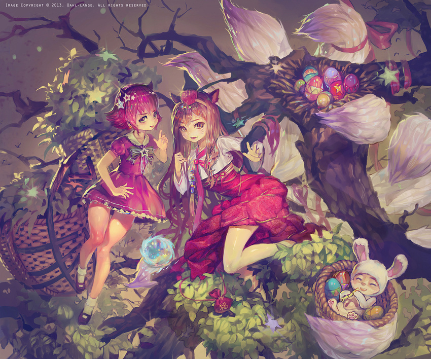 2girls ahri alternate_costume animal_costume animal_ears annie_hastur artist_name bare_legs basket bird_nest blue_fire bobby_socks bow brown_eyes brown_hair bunny_costume cottontail_teemo crown dahl-lange dress earrings easter easter_egg egg facial_mark fake_horns fangs fire flipped_hair fox_ears fox_tail hair_ornament in_basket in_container in_tree index_finger_raised jewelry league_of_legends long_hair long_sleeves looking_at_viewer mini_crown multiple_girls multiple_tails orb pink_dress pink_hair pouch red_dress shoes short_hair short_sleeves slit_pupils smile socks star star_earrings star_hair_ornament tail tassel teemo tongue tongue_out tree whisker_markings