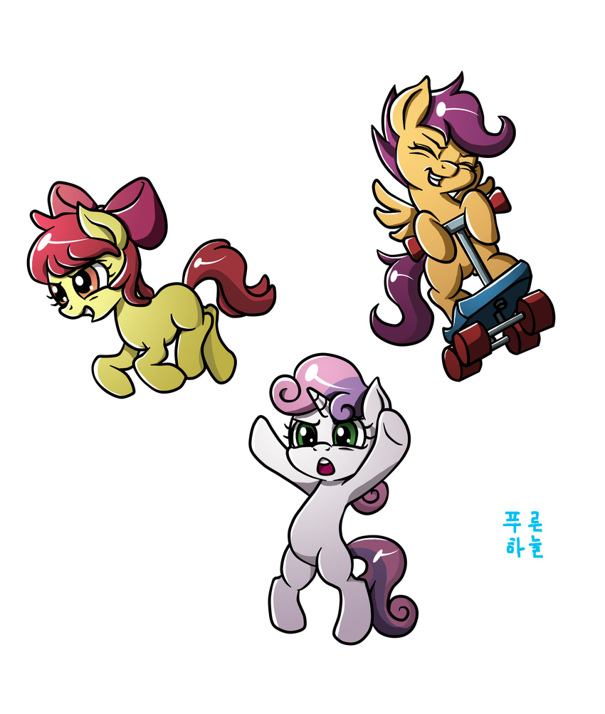 bow cub cutie_mark_crusaders_(mlp) equine eyes_closed female friendship_is_magic fur green_eyes hair horn horse mammal mrs1989 my_little_pony open_mouth orange_eyes orange_fur pegasus pony purple_hair red_hair scootaloo_(mlp) scooter sweetie_belle_(mlp) tails teeth two_tone_hair unicorn white_fur wings yellow_fur young