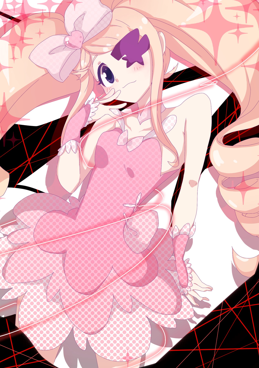 :3 absurdres bare_shoulders big_hair blonde_hair blush bow dress drill_hair earrings eyepatch hair_bow harime_nui heart highres jewelry kill_la_kill life_fiber long_hair mono_(lovenedesiko) pink_bow purple_eyes solo strapless strapless_dress twin_drills twintails unmoving_pattern wrist_cuffs