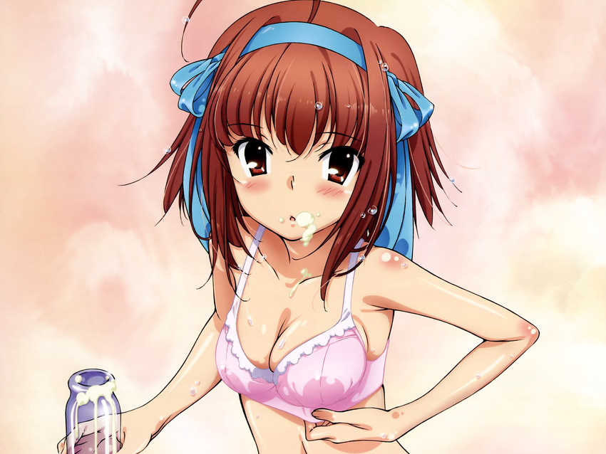 1girl adjusting_bra adjusting_clothes ahoge arms artist_request bangs bare_shoulders blush body_blush bottle bra breasts brown_eyes brown_hair bust cleavage collarbone cream female fingernails hair_between_eyes hair_ribbon hairband hands highres lingerie looking_at_viewer messy nyantype official_art papa_no_iu_koto_wo_kikinasai! parted_lips pink_bra ribbon sexually_suggestive shiny shiny_hair shiny_skin short_hair solo takanashi_sora underwear underwear_only upper_body wallpaper wet wet_hair