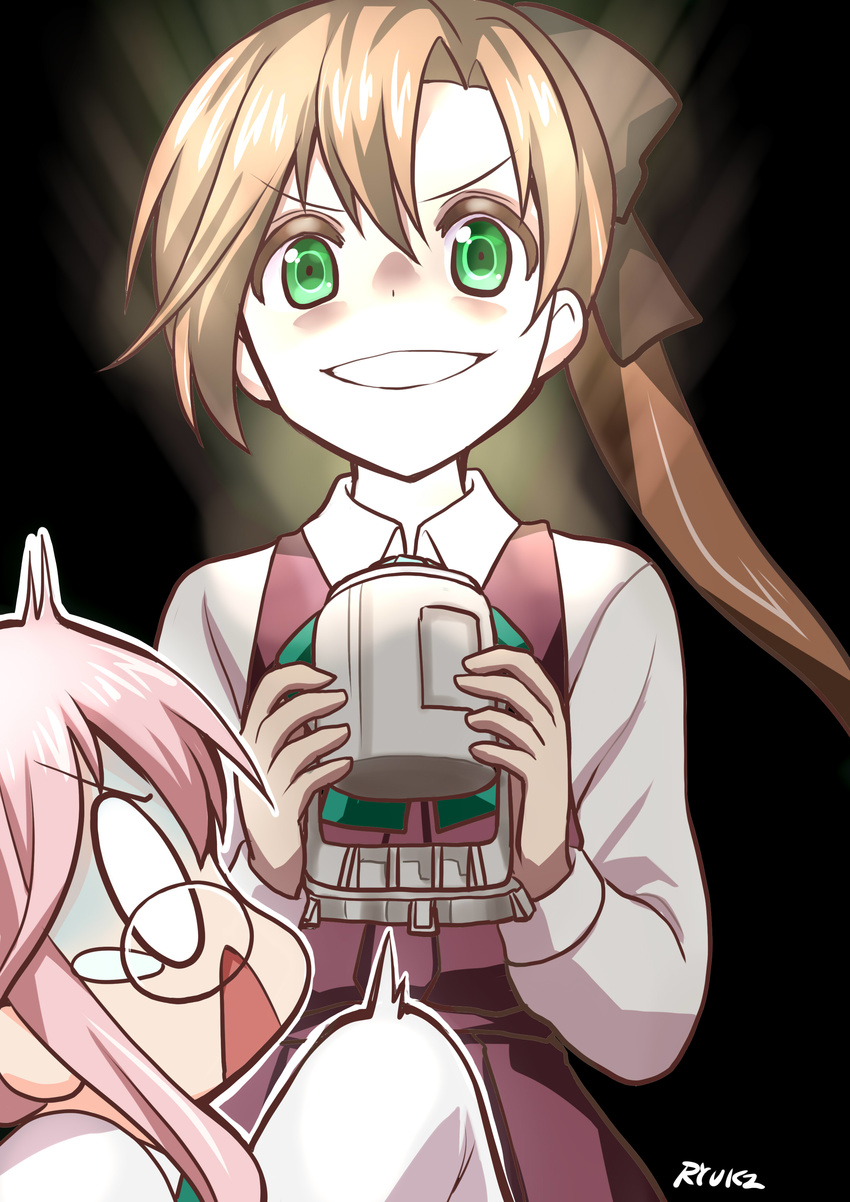 2girls absurdres akigumo_(kantai_collection) brown_hair dress_shirt flashlight glasses green_eyes grin hair_ribbon highres kantai_collection makigumo_(kantai_collection) multiple_girls open_mouth pink_hair ponytail ribbon ryuki_(ryukisukune) scared shirt smile tears turn_pale