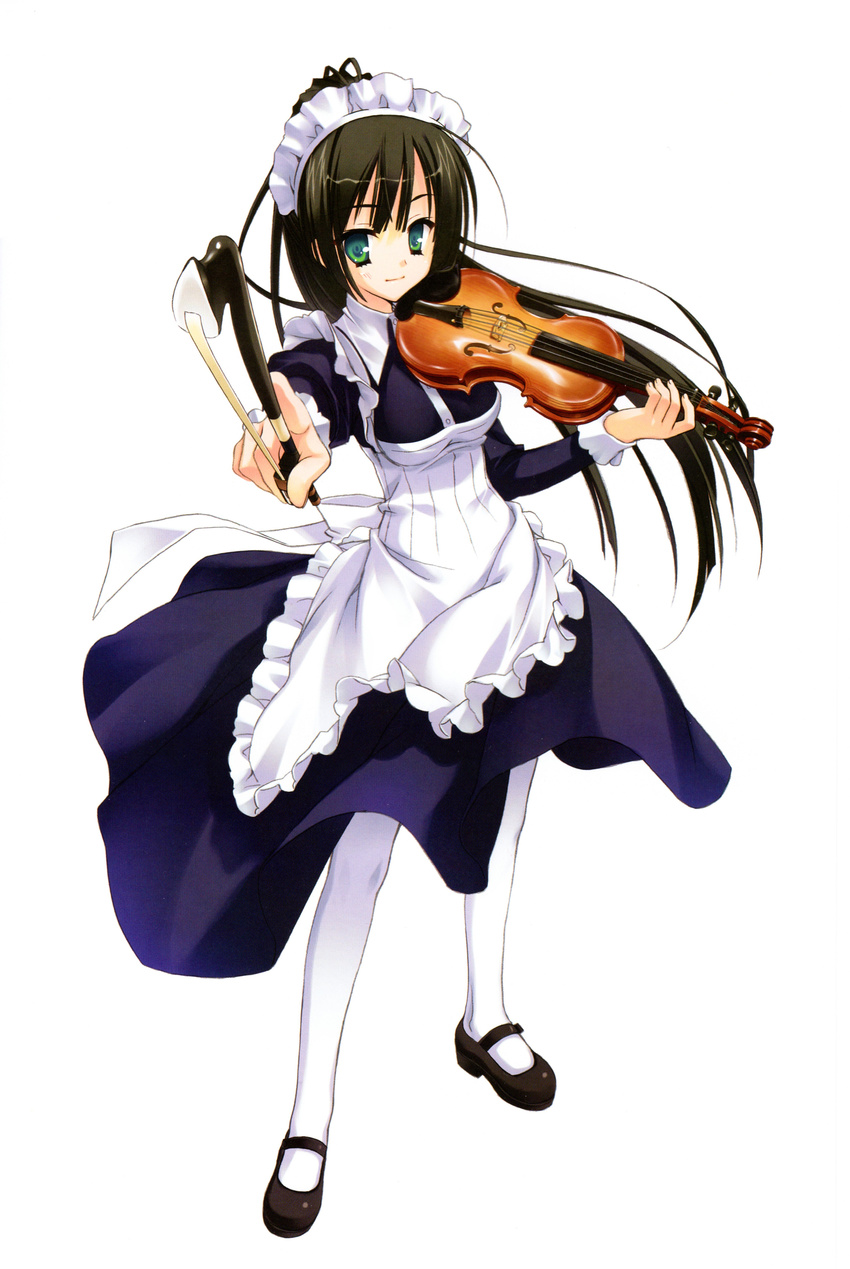 absurdres bow_(instrument) breasts brown_hair dress green_eyes highres instrument kobuichi kore_wa_zombie_desu_ka? maid maid_headdress mary_janes medium_breasts pantyhose pointing pointing_at_viewer ponytail seraphim_(kore_wa_zombie_desu_ka?) shoes violin white_legwear