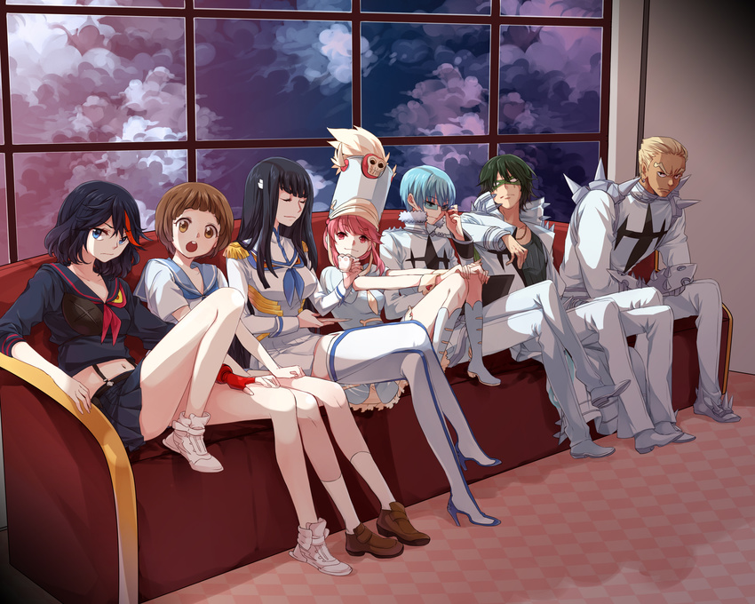 4girls black_hair blonde_hair blue_hair boots brown_hair chim couch crossed_legs epaulettes gamagoori_ira glasses green_hair hat highres inumuta_houka jakuzure_nonon junketsu kill_la_kill kiryuuin_satsuki mankanshoku_mako mask matoi_ryuuko midriff multiple_boys multiple_girls pink_hair sanageyama_uzu school_uniform senketsu serafuku shako_cap shoes sitting skirt sneakers thigh_boots thighhighs uniform