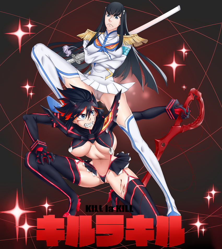 bad_id bad_pixiv_id black_hair blood boots breasts cameltoe crossed_arms epaulettes highres junketsu kill_la_kill kiryuuin_satsuki large_breasts life_fiber long_hair matoi_ryuuko multicolored_hair multiple_girls navel panties red_hair revealing_clothes scissor_blade senketsu short_hair shoujo_donburi sword thigh_boots thighhighs thong two-tone_hair underboob underwear weapon