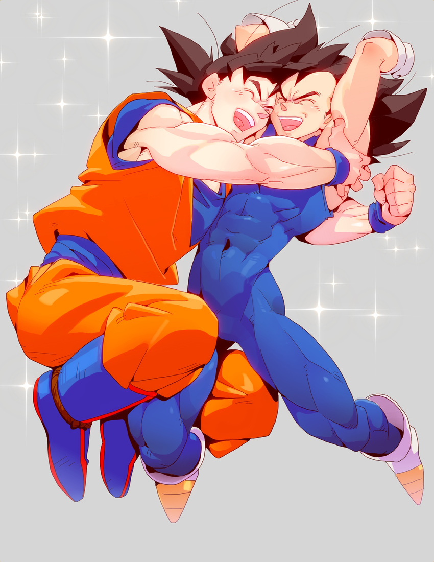 abs absurdres arms_up black_hair blue_footwear bodysuit boots clenched_hand covered_navel dragon_ball dragon_ball_z gloves grey_background highres hug jumping legs_folded male_focus multiple_boys muscle open_mouth skin_tight smile son_gokuu sparkle spiked_hair supobi vegeta wristband