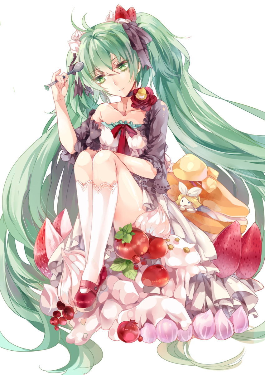 absurdres dress food fruit green_eyes green_hair hair_ribbon hatsune_miku highres kneehighs long_hair mary_janes nevakuma_(fanfanas) ribbon shoes sitting solo spoon strawberry twintails very_long_hair vocaloid