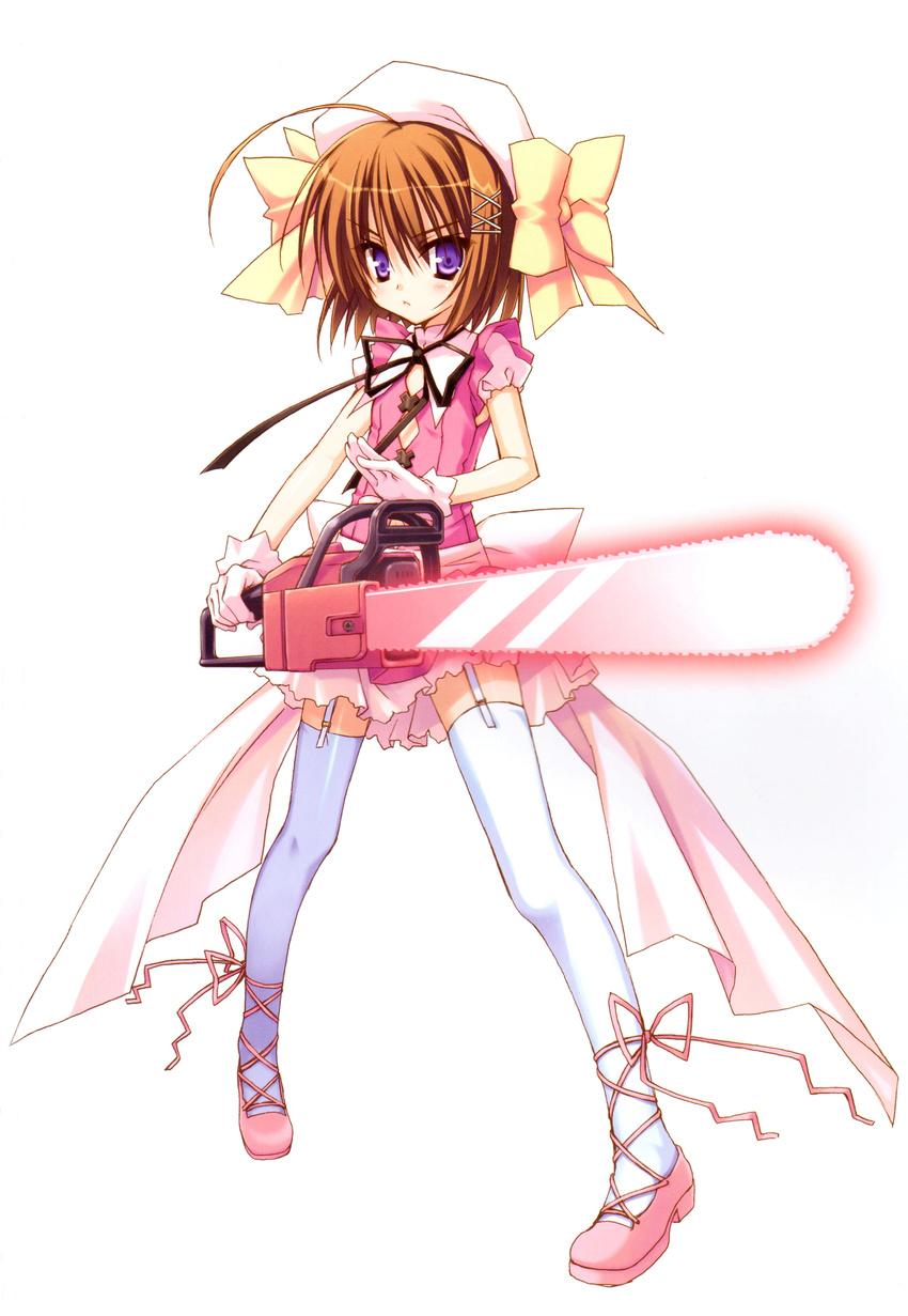 absurdres bow brown_hair chainsaw cross-laced_footwear dress flats full_body garter_straps gloves glowing glowing_weapon hair_bow haruna_(kore_wa_zombie_desu_ka?) hat highres holding holding_weapon kore_wa_zombie_desu_ka? muririn pink_dress purple_eyes shoes simple_background thighhighs weapon white_background white_legwear yellow_bow zettai_ryouiki